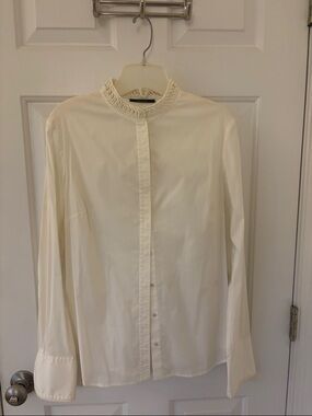 Elie Tahari Cream Button-Front Mandarin Collar Shirt Cotton/Cotton